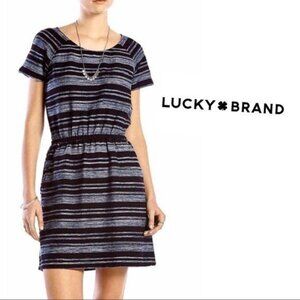 Lucky Brand Small Striped Dress Black Blue Mini Short Sleeve Boho Anthropologie